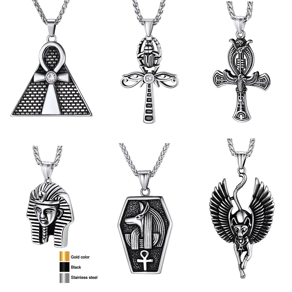 Ancient Egyptian Symbol Necklaces Stainless Steel Eagle Triangle Pyramid Ankh Cross Bastet Anubis Pharaoh Pendant Jewelry