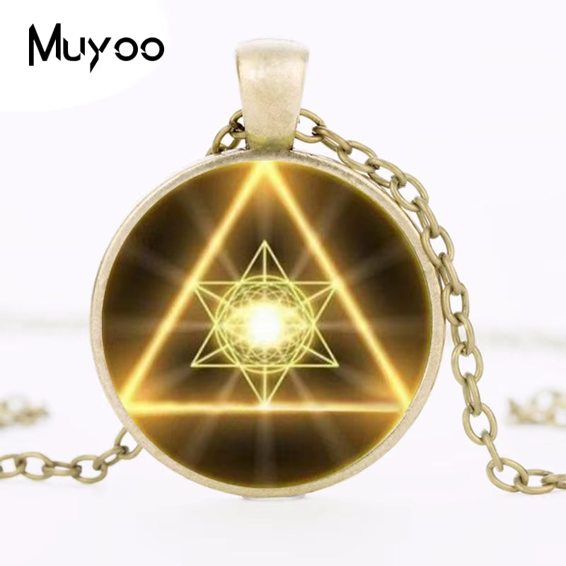 Gold Sacred Geometry Cabochon Glass Tibet round Chain Pendant Necklace HZ1