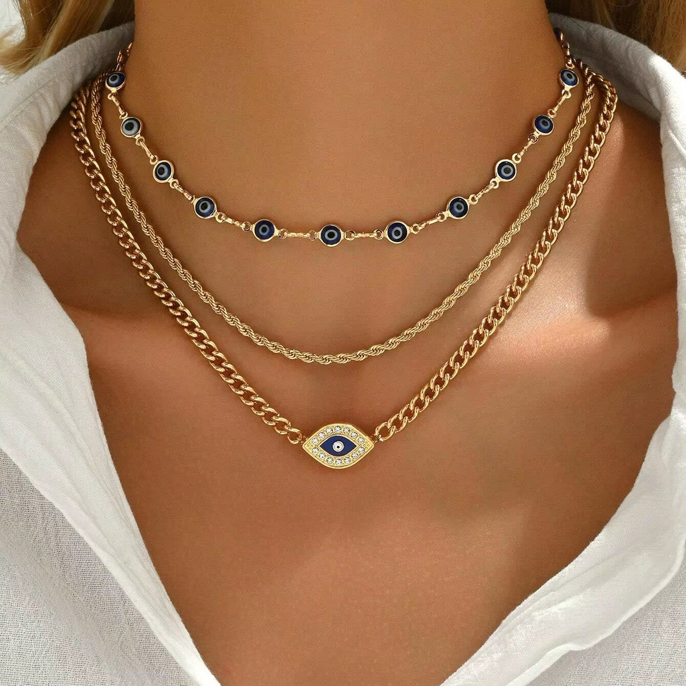 Boho Lucky Multi-Layers Crystal Evil Eye Pendant Necklace for Women Geometric round Charm Clavicle Chain Beach Jewelry