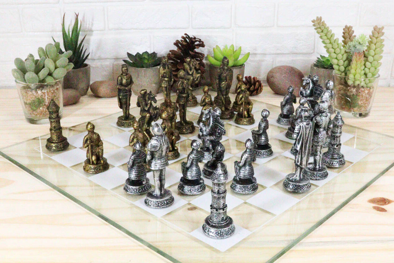 Ebros Kingdoms at War Egyptian VS Roman Army Resin Chess Pieces Glass Board Set
