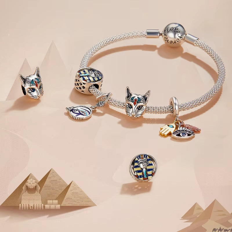 New 925 Sterling Silver Charm Egypt Bastet & Twin Eyes Bead Pendant Fit Original Bracelet Necklace for Women Jewelry