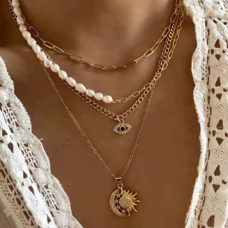 Boho Lucky Multi-Layers Crystal Evil Eye Pendant Necklace for Women Geometric round Charm Clavicle Chain Beach Jewelry