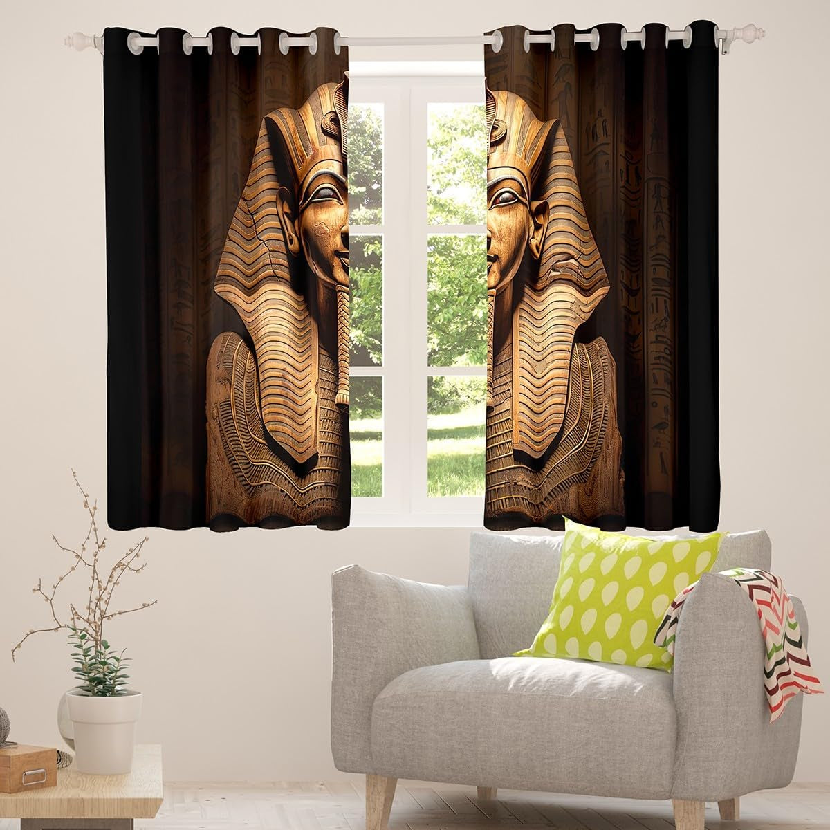 Egyptian Pharaoh Window Drapes, Ancient Egypt Tribe Exotic Retro Egyptian Pyramids Curtains, Decorative Bedroom Living Room Window Curtain Panels, 84W X90L, Brown Black Golden
