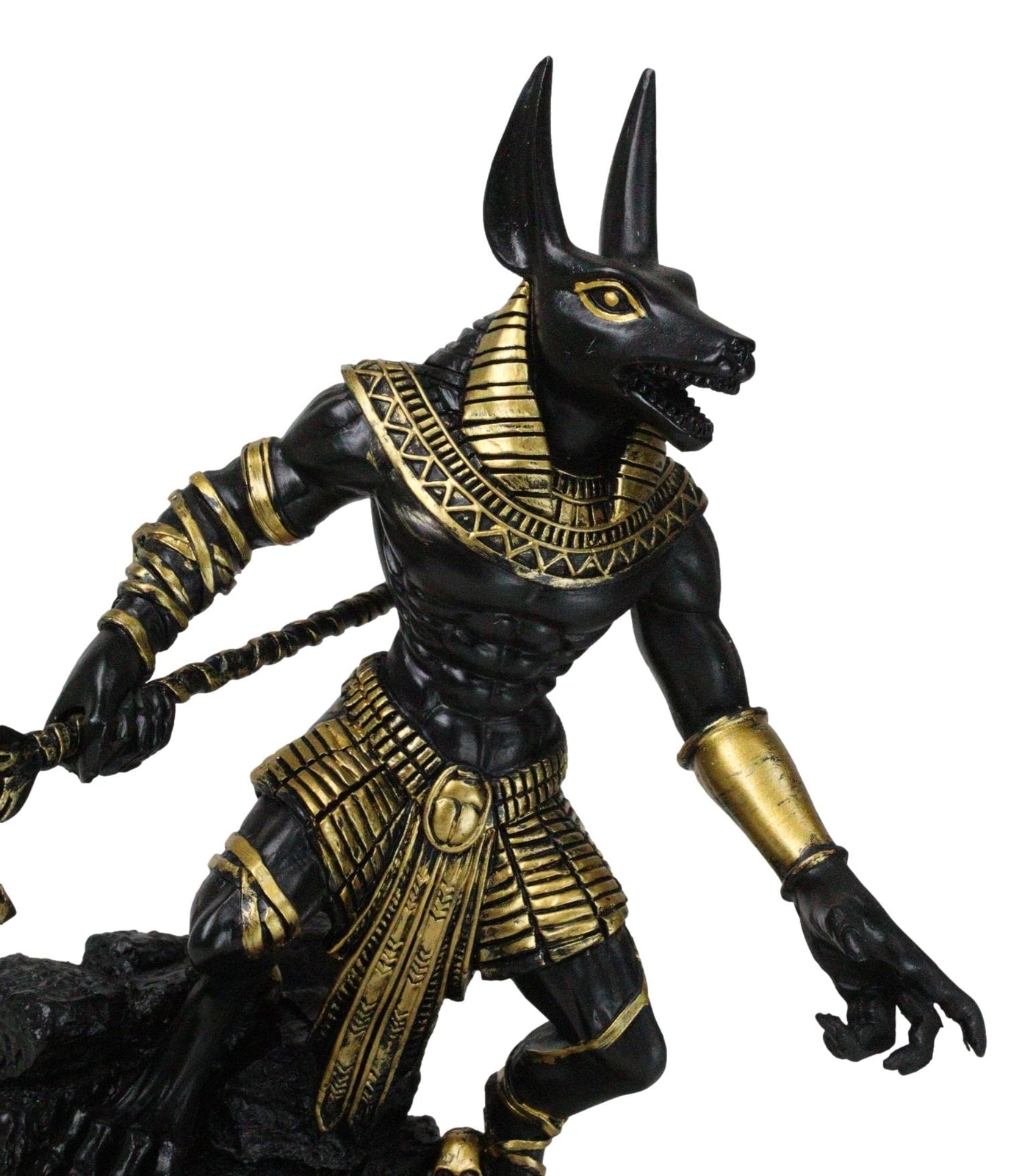 Egyptian Jackal God Anubis with Ankh Staff Spear on Skull Graveyard Figurine