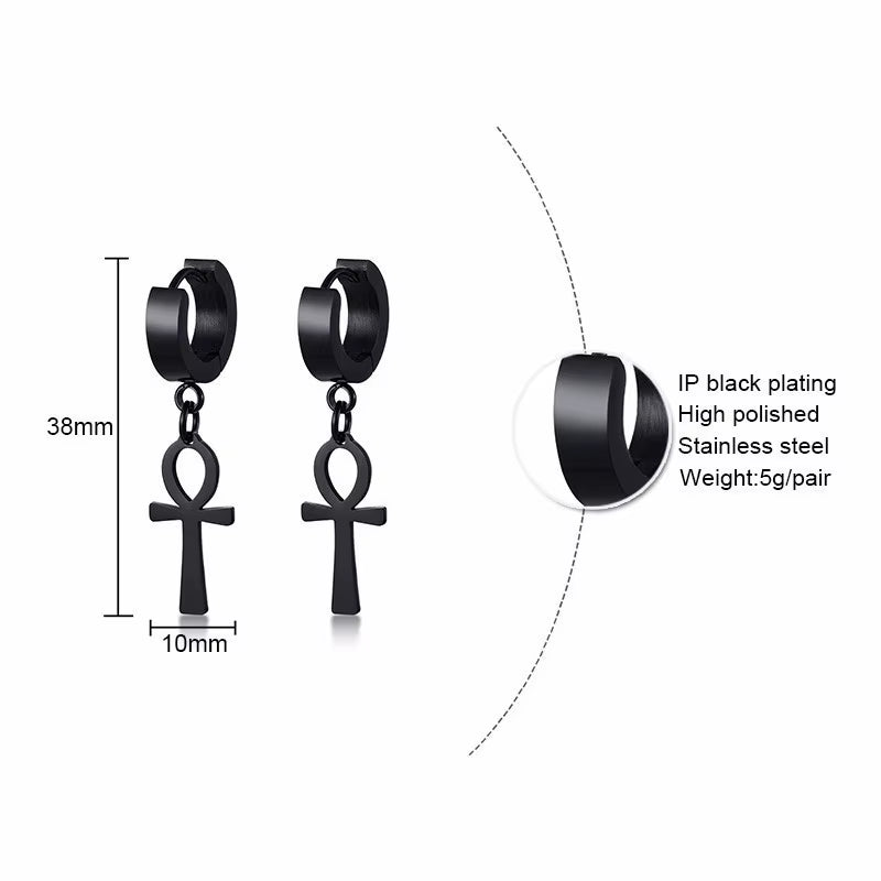 ANKH HUGGIE EARRINGS STAINLESS STEEL EGYPTIAN CROSS DROP EARING for MEN WOMEN EGYPT JEWELRY