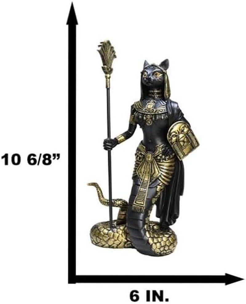 Ebros 11"H Egyptian Feline Goddess Bastet Cat with Slain Snake Apep Tail Holding Spear & Shield Statue 11"H Ubasti Bast Patron of Protection Health Home Harvest Gods of Egypt Figurine (Black and Gold)