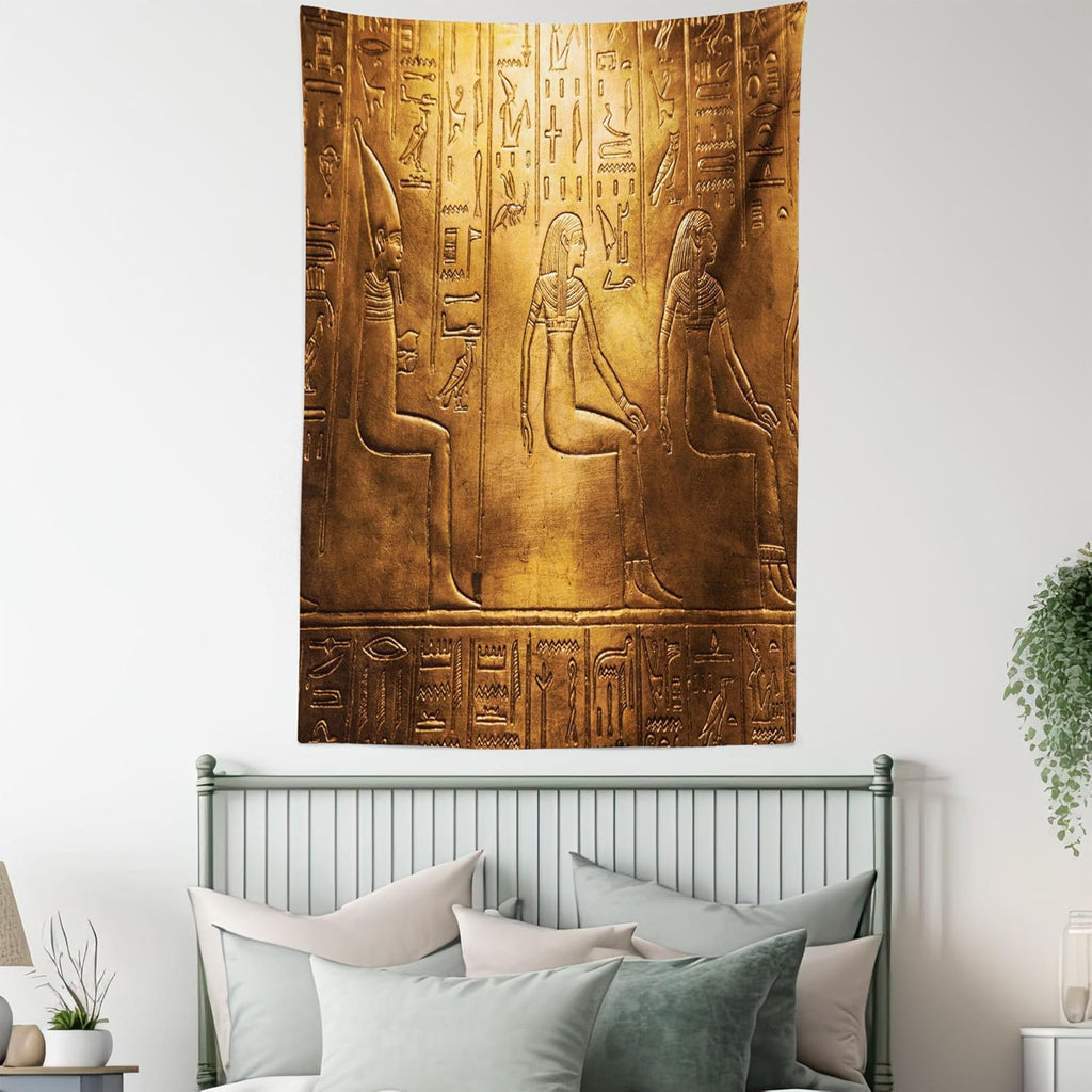 Egyptian Print Tapestry Twin Size, Egypt Hieroglyphics Old Logographic Details Alphabetic Elements, Wall Hanging Bedspread Bed Cover Wall Decor, Twin Size, Coffee Brown