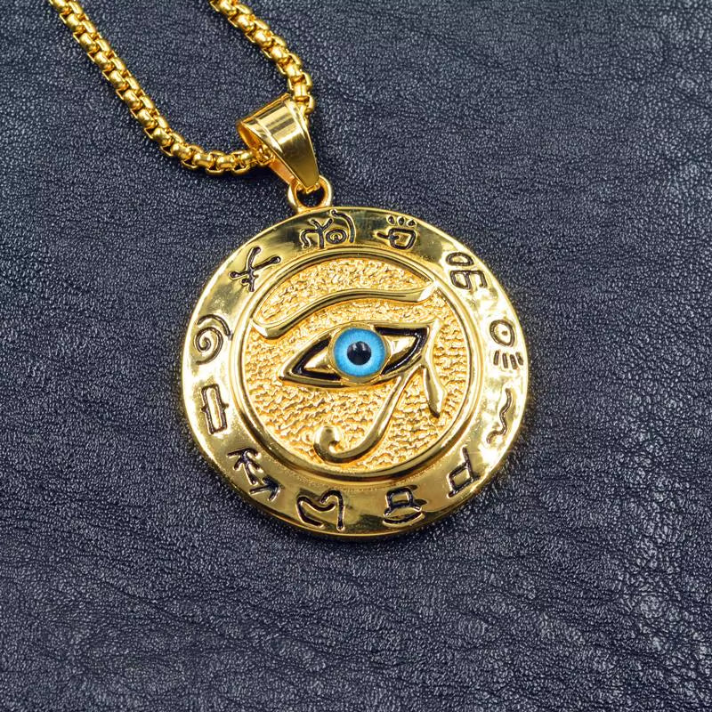 Hip Hop Ancient Egypt round Jewelry Collares Gold Color Stainless Steel Chain Egyptian Eye of Horus Necklaces & Pendants