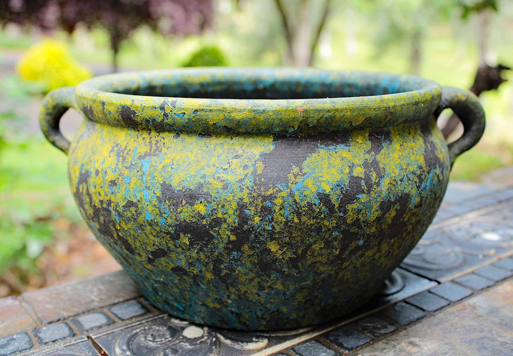 Egyptian Era Designed Earthen Ware Terra-Cotta Vessel/Planter with Looped Handles (Spring Green)