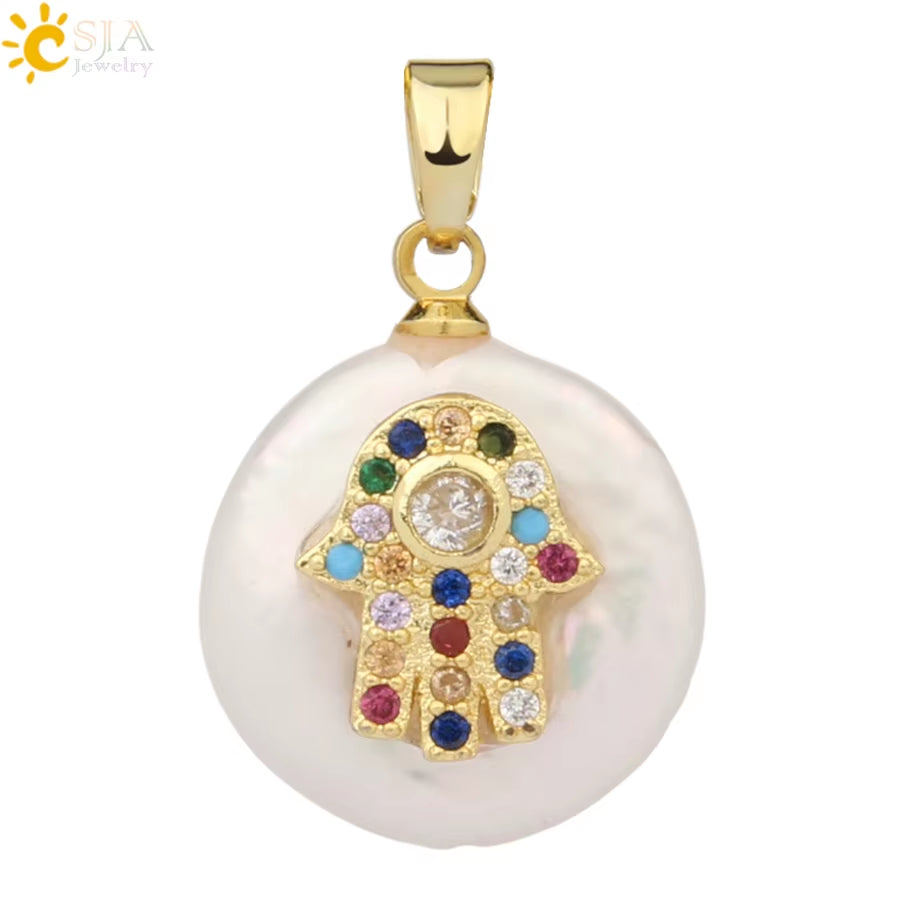CSJA Coin Freshwater Pearl Pendants Small Size Evil Eye Hamsa Fatima Hand Zircon Gold Color Necklace Choker for Women Girls G205