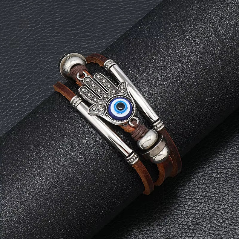 Evil Eye Fatima Hand Charm Bracelets for Women Men Genuine Leather Bracelet Turkish Blue Eye Wristband Lucky Hand Jewelry Gifts