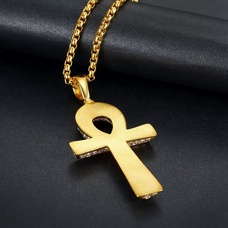 Men'S Egyptian Ankh Cross Pendant with Stainless Steel Chain and Iced Out Bling Full Rhinestones Necklace Hip Hop Egypt Jewelry