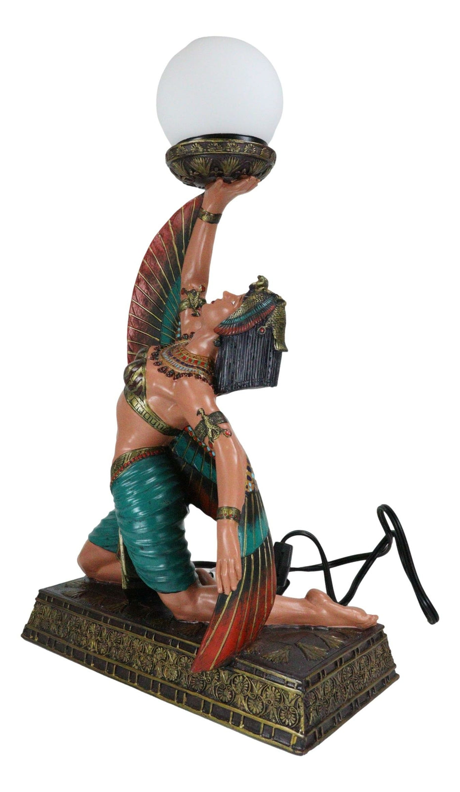 Egyptian Winged Goddess Isis Dancing Side Table Glass Orb Sphere Lamp Statue