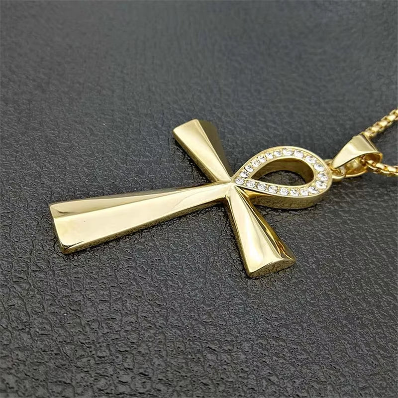 Egypt Iced Out Bling Ankh Cross Pendant Necklace for Women and Men Key of Life Stainless Steel Egyptian Jewelry Dropshipping
