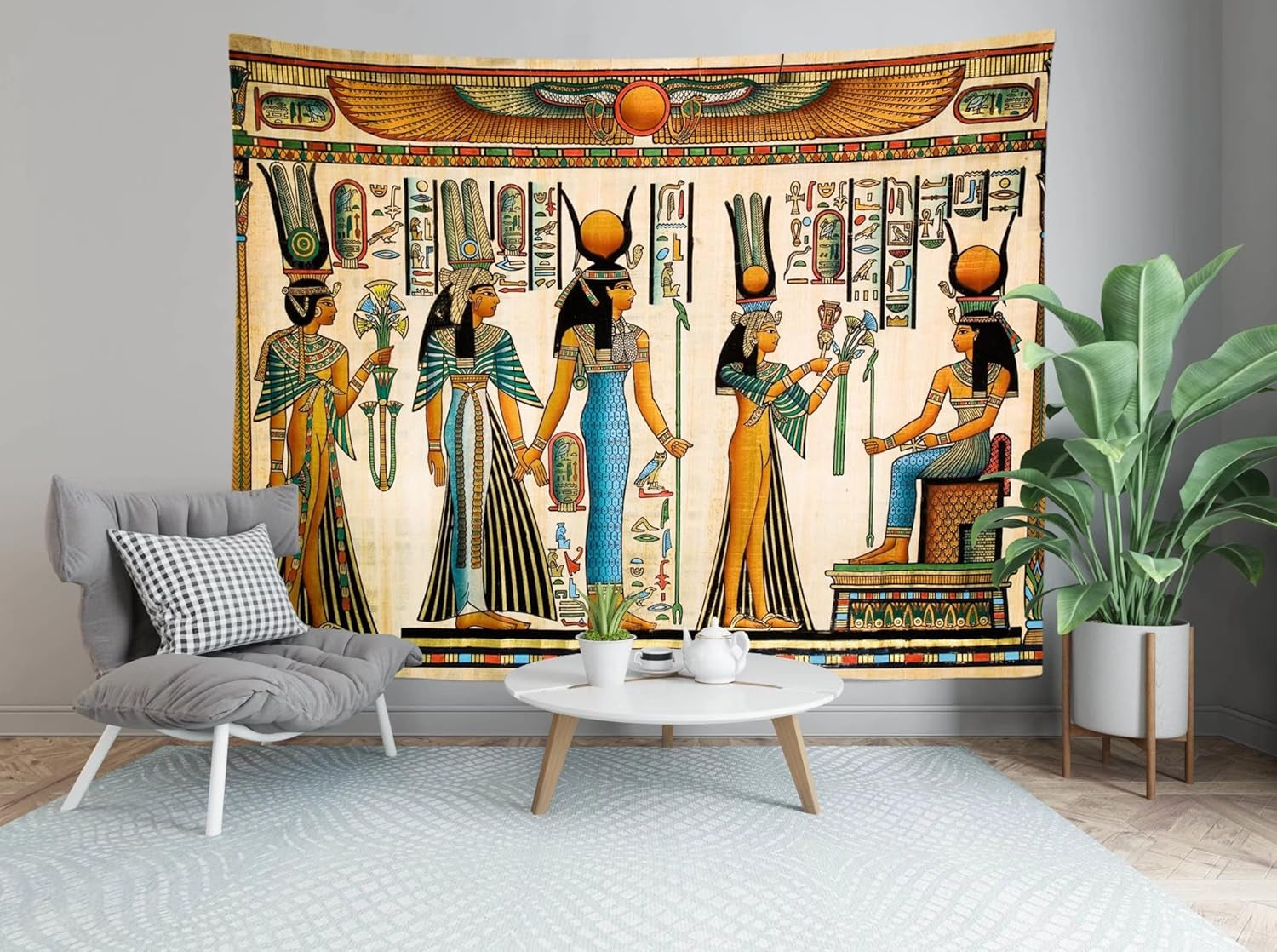Egyptian Painting Tapestry 105Wx70H Inches Queen Nefertari Making an Offering to Isis Wall Tapestry Nefertalis Tomb Thebes Wall Hanging Mythology Egypt Mural for Bedroom Living Room Dorm Decor