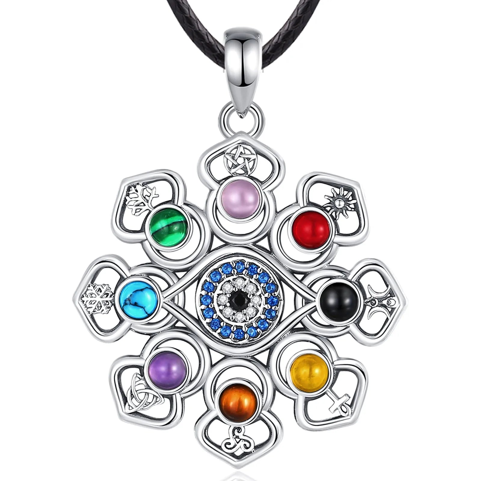 925 Sterling Silver Lotus Evil Eye Necklace Colourful Pentagram Hecate Flower Pendant Personality Jewelry for Women Man