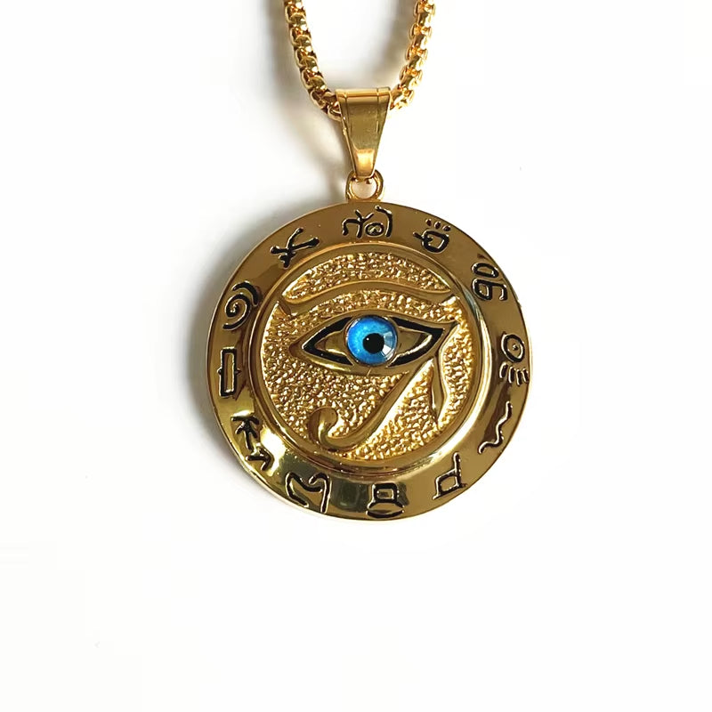 Hip Hop Ancient Egypt round Jewelry Collares Gold Color Stainless Steel Chain Egyptian Eye of Horus Necklaces & Pendants