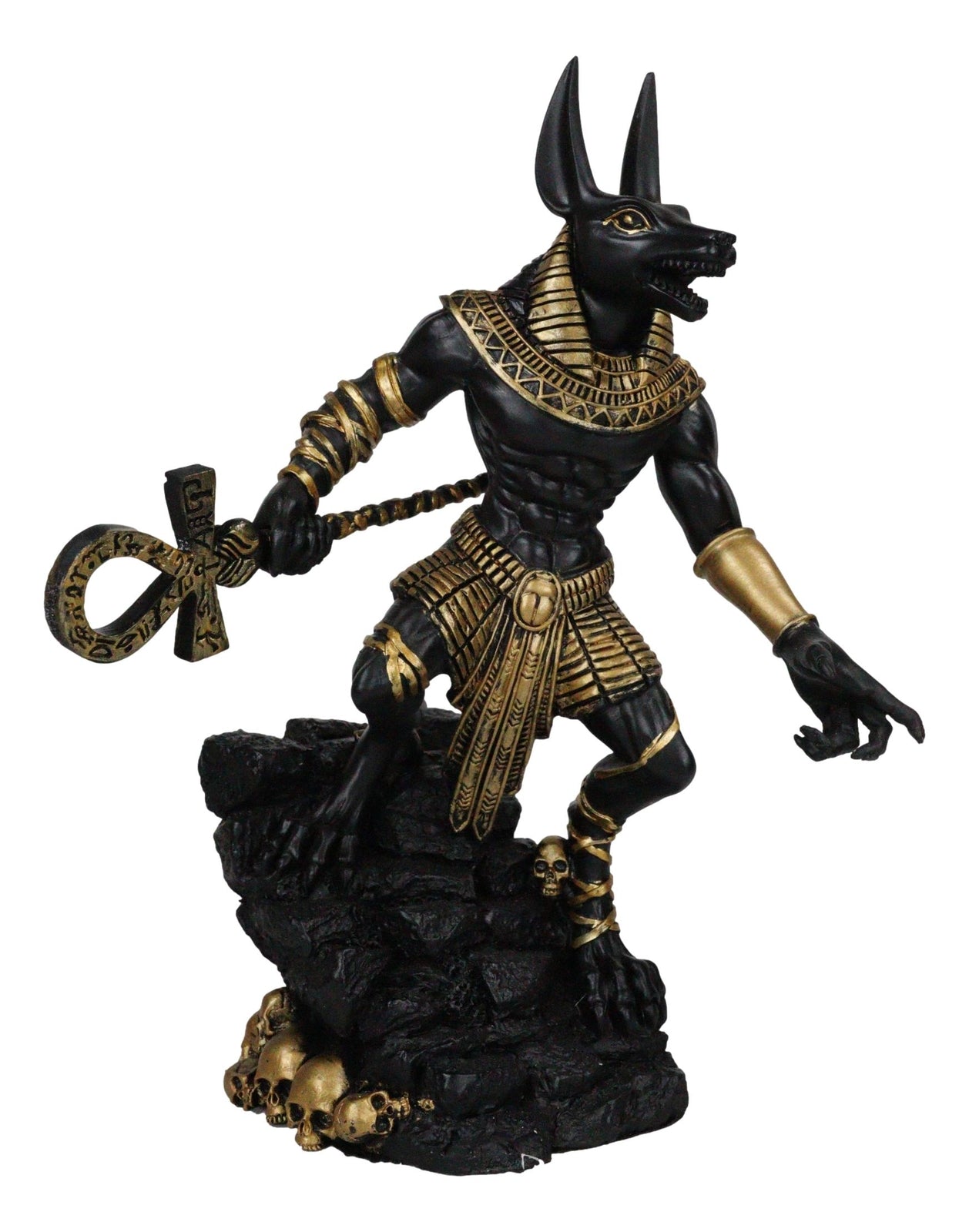 Egyptian Jackal God Anubis with Ankh Staff Spear on Skull Graveyard Figurine