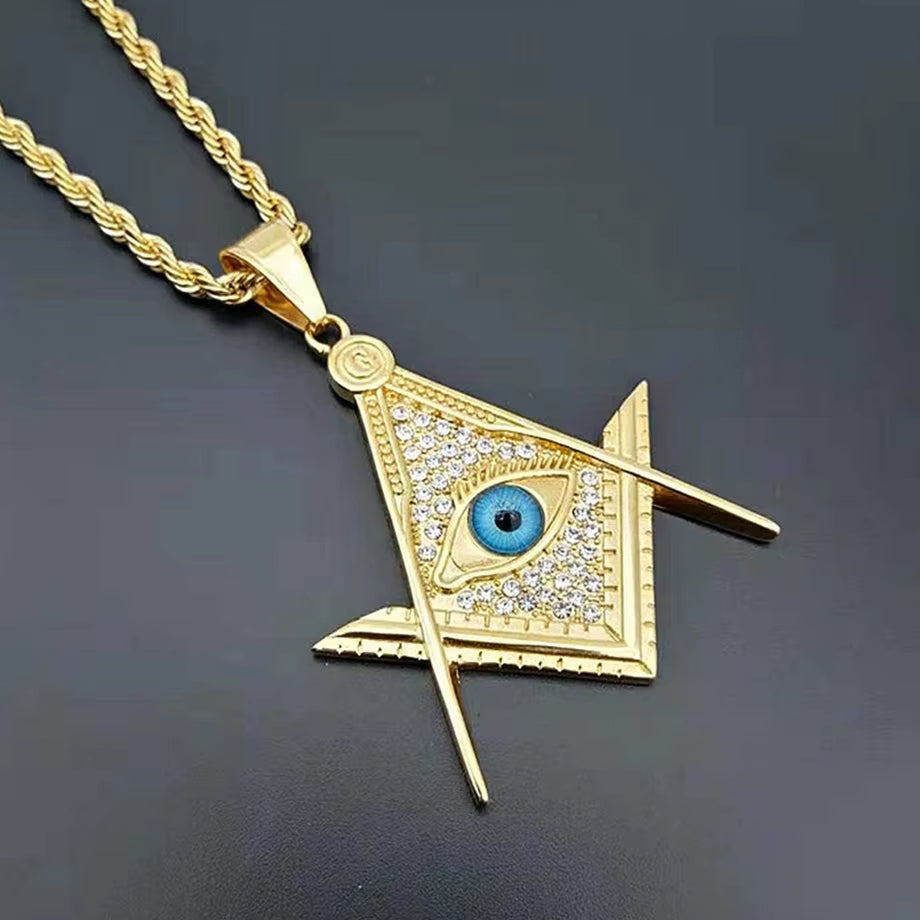 Drop Shipping Hip Hop Iced Out Masonic All-Seeing Eye Pendant Necklace Chain Gold Color Stainless Steel Freemason Mason Jewelry