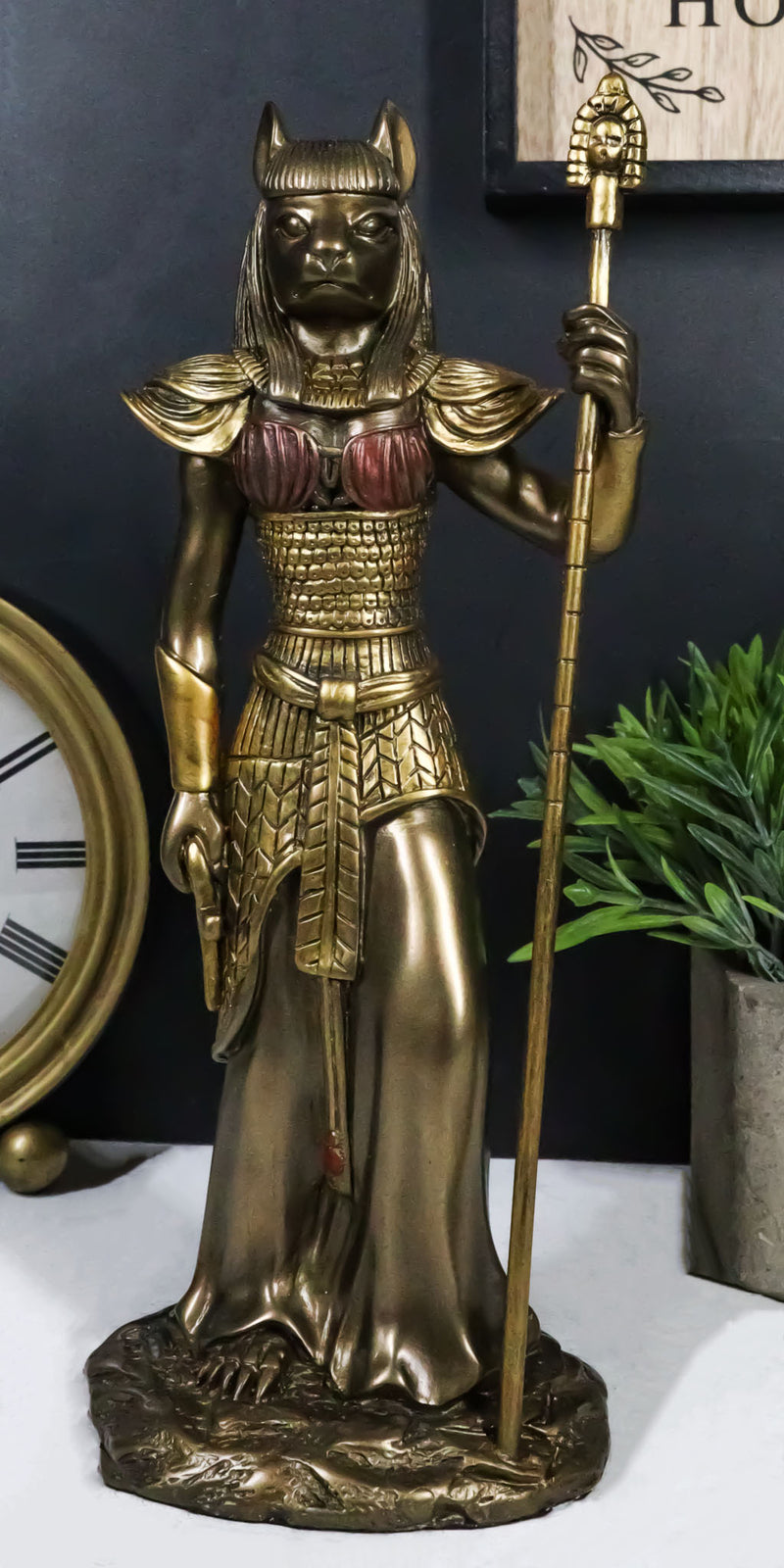 Egyptian Goddess Bastet Cat with Spear Statue 11"H Ubasti Goddess of Protection