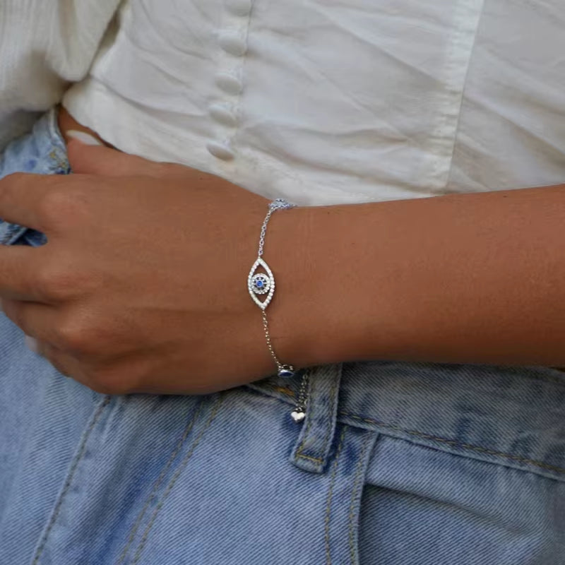 100% 925 Sterling Silver Blue Zircon Evil Eyes Bracelet Guardian Eye Chain for Women Gift Fine Jewelry SCB089