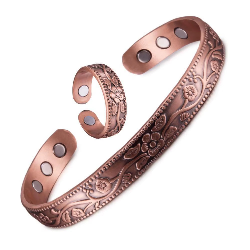 Magnetic Bracelet Retro Flower Ring Bracelet Set Adjustable Men'S and Women'S Plated Ancient Red Copper Magnetic Bracelet