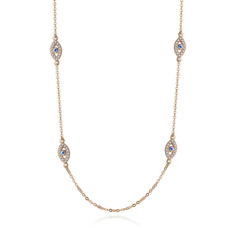 925 Sterling Silver Necklace Earrings Women round Luck Evil Eye Ring Necklaces Blue Zircon Long Link Turkey Jewelry Set