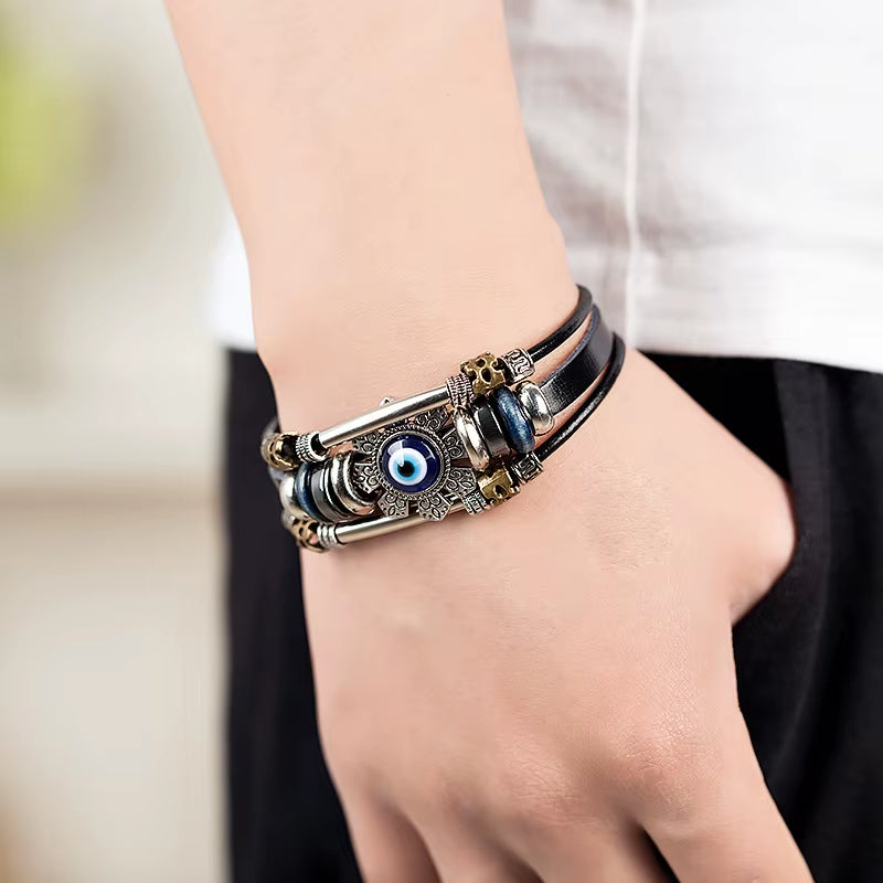 Evil Eye Turkish Bracelets for Men Metal Snap Fastener Jewelry Multilayer Black Leather Bracelet