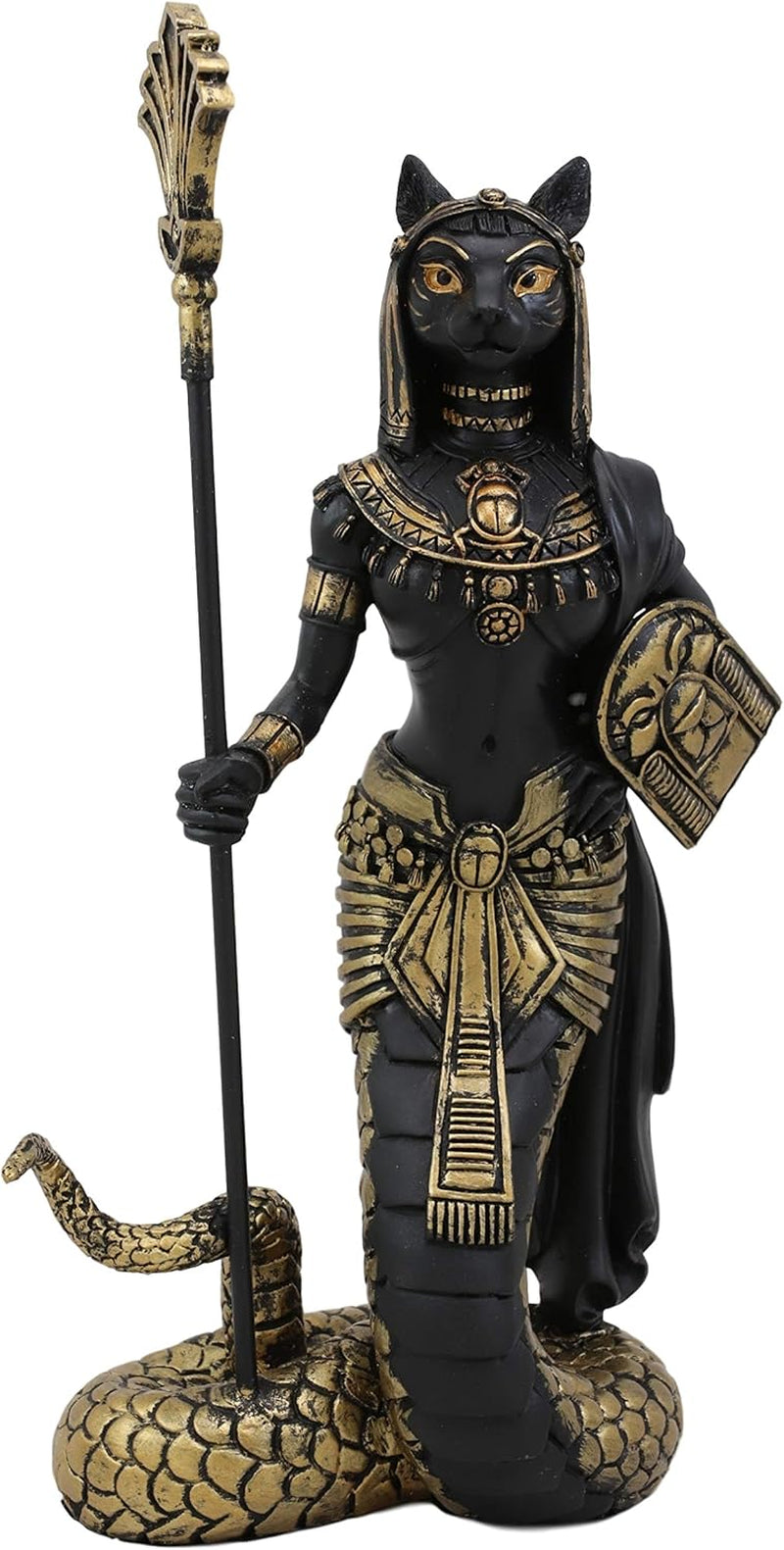 Ebros 11"H Egyptian Feline Goddess Bastet Cat with Slain Snake Apep Tail Holding Spear & Shield Statue 11"H Ubasti Bast Patron of Protection Health Home Harvest Gods of Egypt Figurine (Black and Gold)