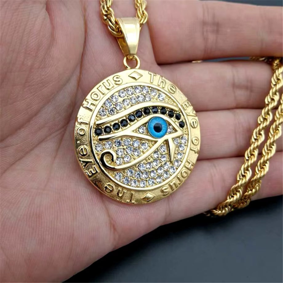Egyptian Eye of Horus Necklace Pendant & Chain for Men Women Gold Color Stainless Steel round Hiphop Ancient Egypt Jewelry N1238