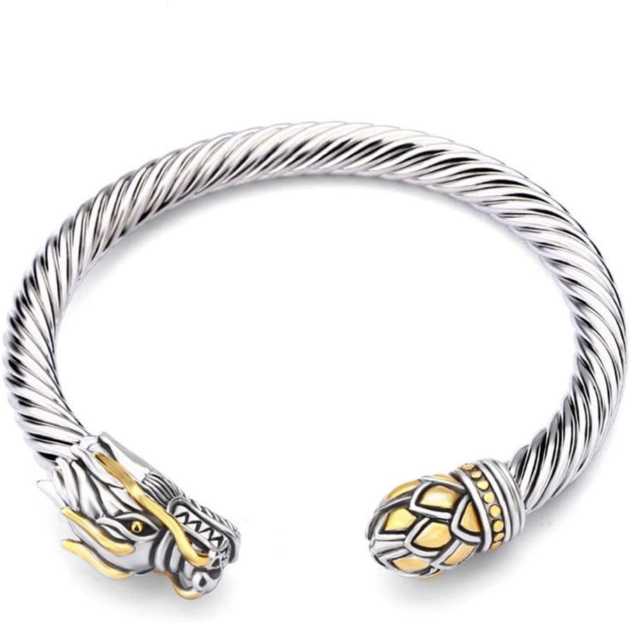 Jewelry Chinese Dragon Scale Ball, Dragon Cuff Bangle, Spring Open Two Tone Twisted Cable Vintage Cuff Bangle