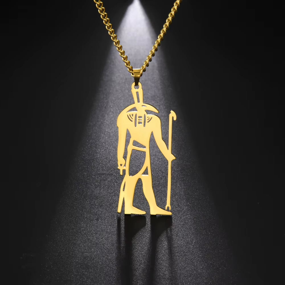 Egyptian God Talisman Stainless Steel Pendant Necklace for Women/Men Wisdom Thoth Ibis-Head Amulet Gold Plated Jewelry