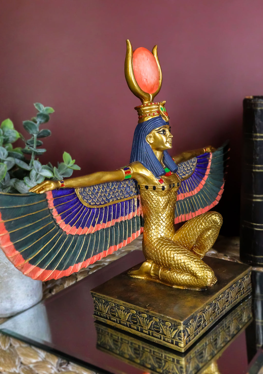 Egyptian Goddess of Motherhood Kneeling Isis with Open Wings Statue 12.75"Long