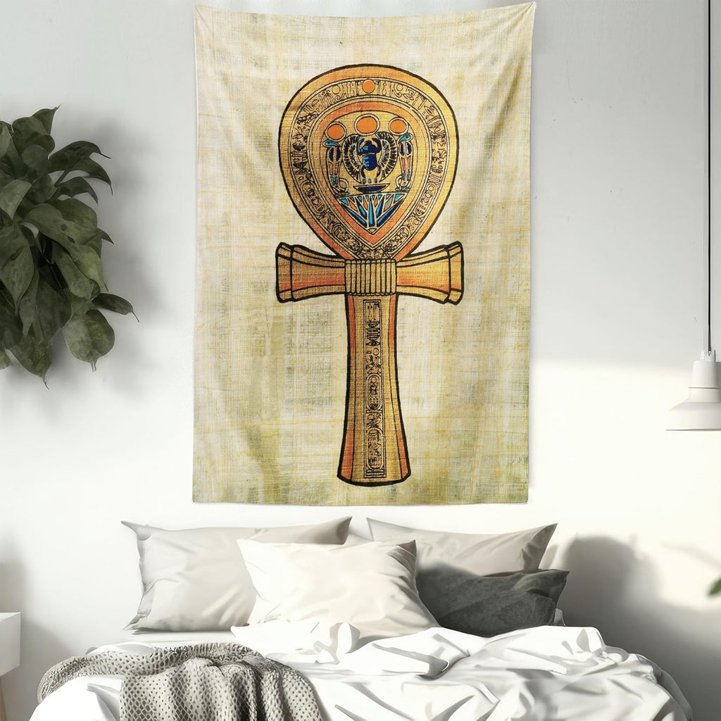 Egyptian Print Tapestry, Papyrus Presenting the Key of Life Traditional Empire Egyptian, Wall Hanging for Bedroom Living Room Dorm Decor, 40" X 60", Cream Orange
