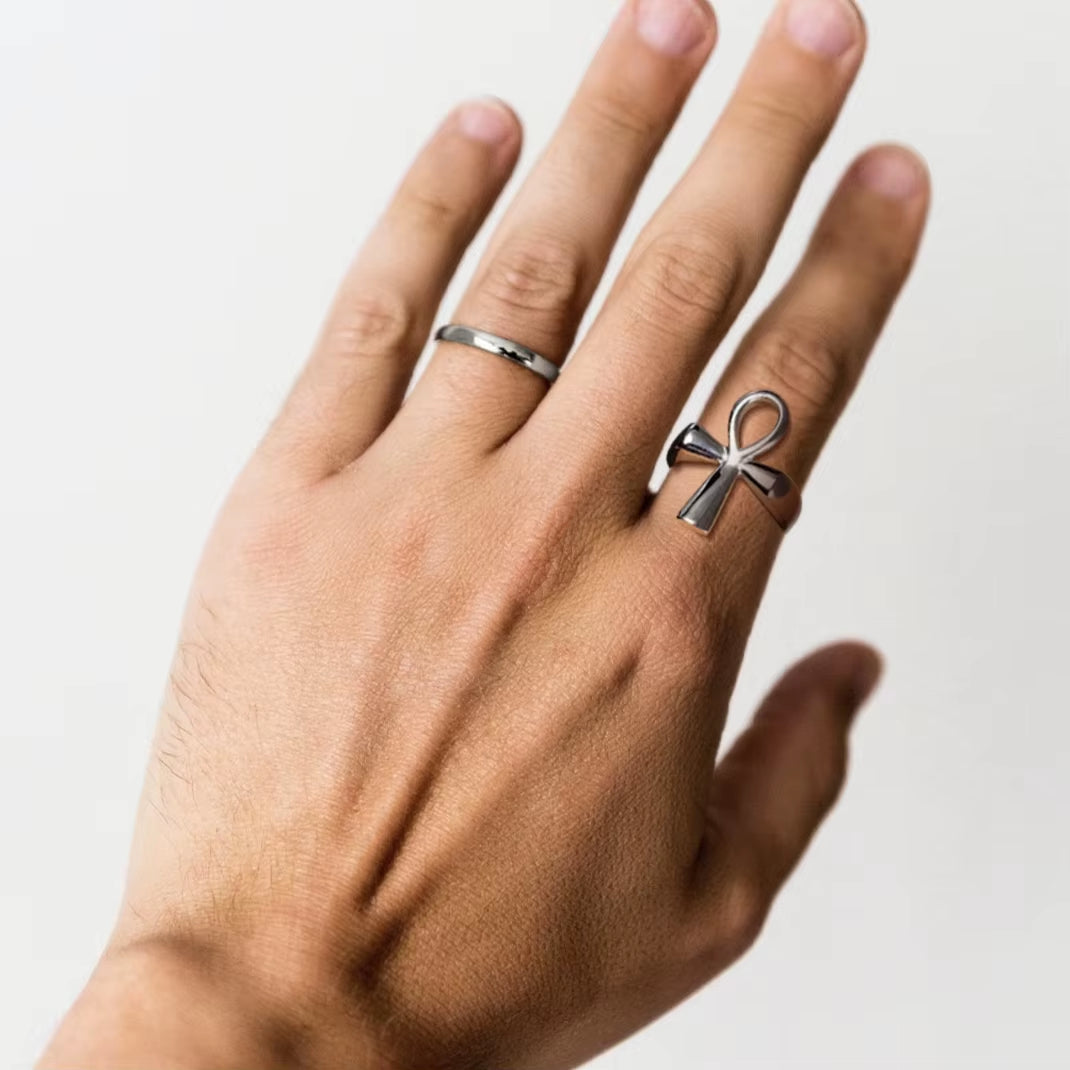 Stainless Steel Ankh Cross Rings for Men Women Egyptian Hieroglyphs Symbol Key of Life Charm Size 7-14 Egypt Jewelry Gift