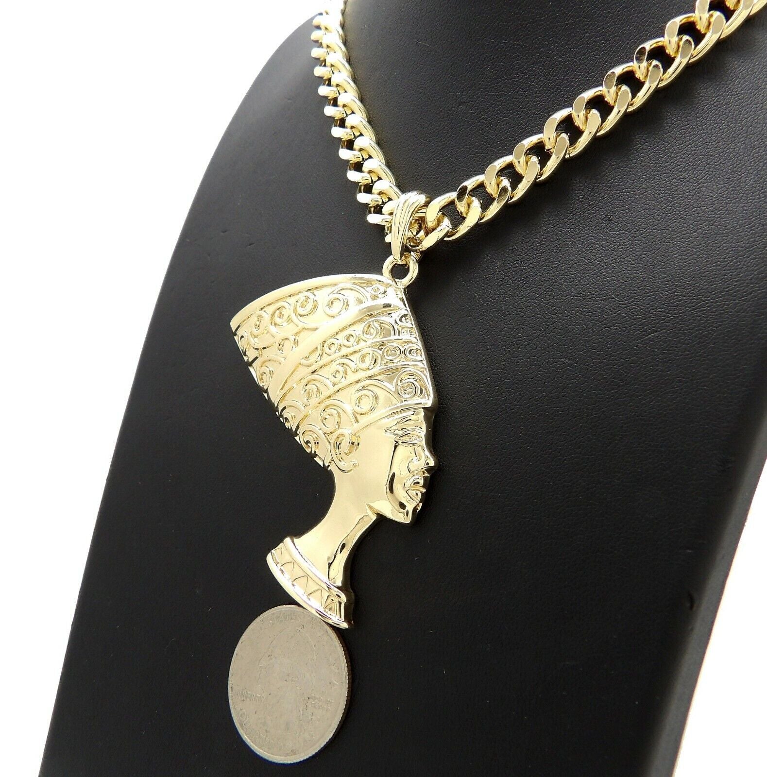GOLD PLATED EGYPTIAN QUEEN NEFERTITI PENDANT & 10Mm CUBAN CHAIN HIP HOP NECKLACE