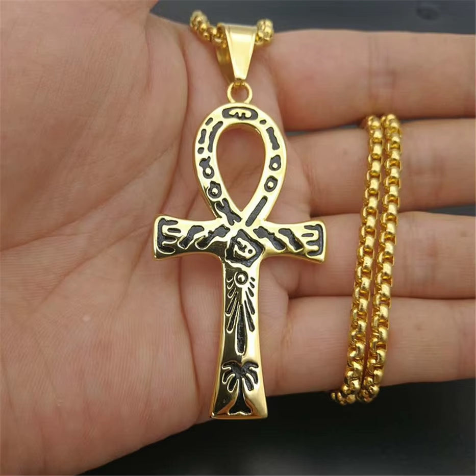 Mystical Egyptian Ankh Cross Pendant Necklace for Men Gold Color Stainless Steel Egypt Hieroglyphs Charms Jewelry