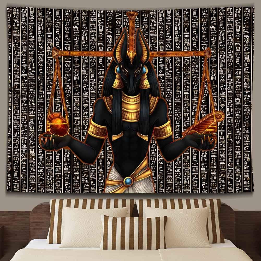 Egyptian Anubis Statue Tapestry Ancient Egypt Religious Mythical Tapestries 80 X60 Inch Egyptian Hieroglyphs Wall Art Decor for Living Room and Bedroom