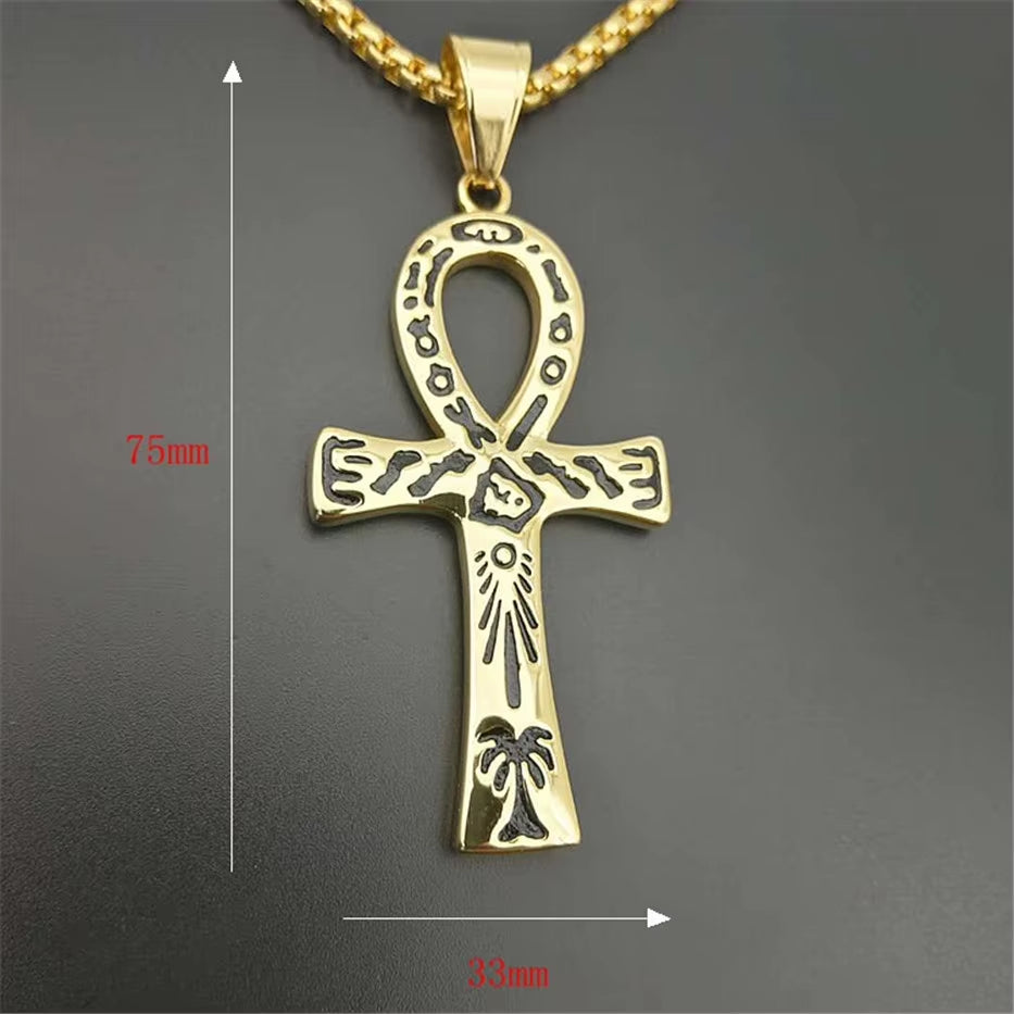 Mystical Egyptian Ankh Cross Pendant Necklace for Men Gold Color Stainless Steel Egypt Hieroglyphs Charms Jewelry