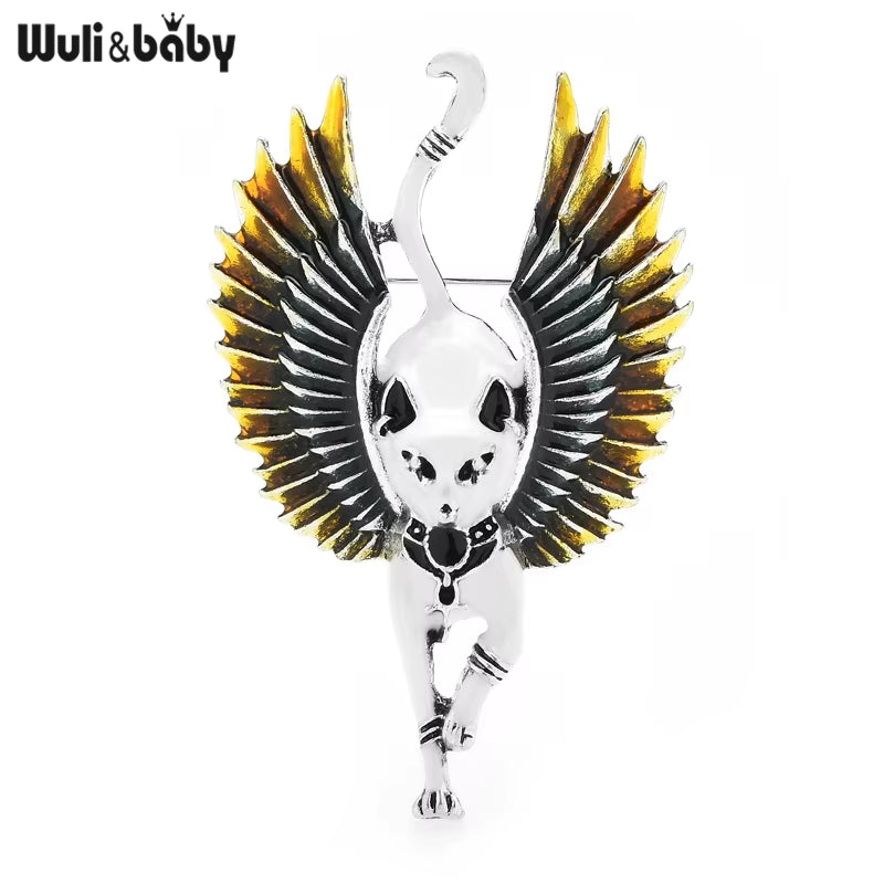 Flying Angel Cat with Wings Enamel Animal Brooch Pins Egypt Bastet God of Music & Family