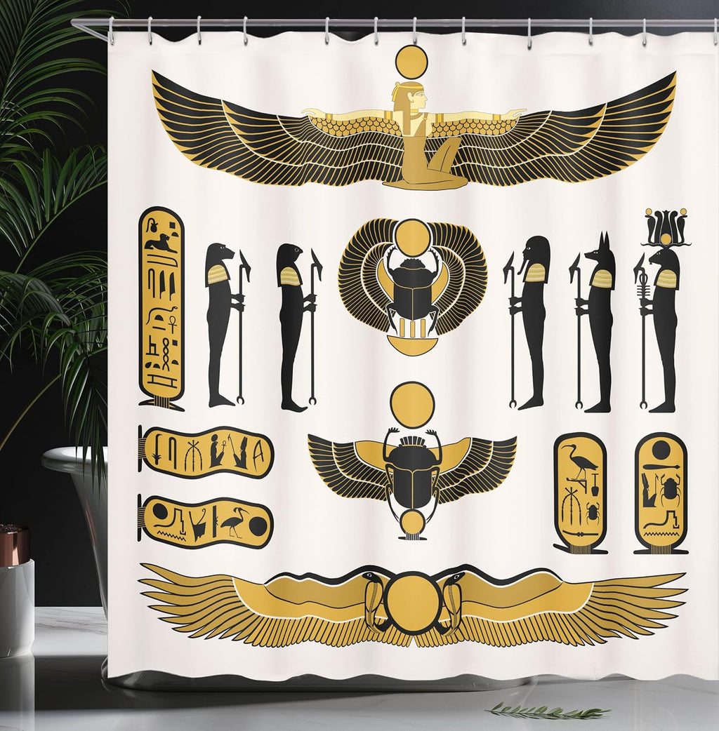 Egyptian Print Shower Curtain, Old Historical Egyptian Myth Mummy Sun Art Illustration, Cloth Fabric Bathroom Decor Set with Hooks, 69" W X 84" L, Yellow Black