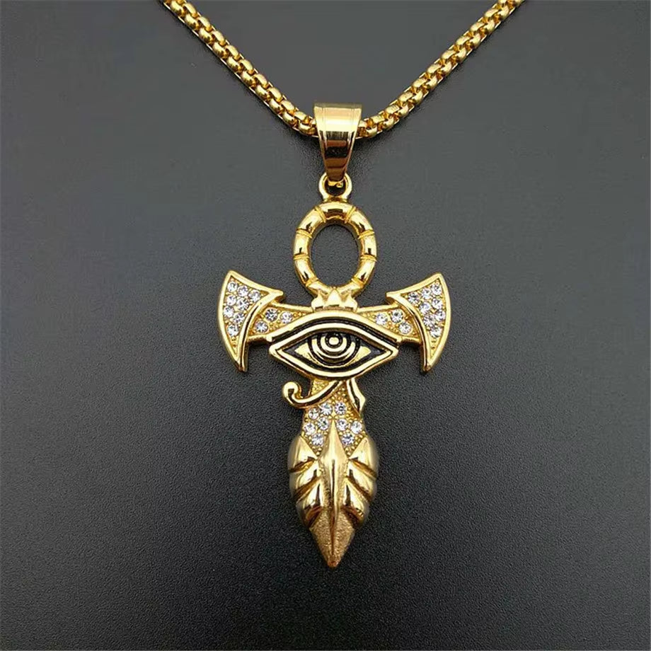 Egyptian Ankh Cross Pendant Necklace for Women/Men Gold Color Stainless Steel Eye of Horus Necklace Iced Out Bling Egypt Jewelry