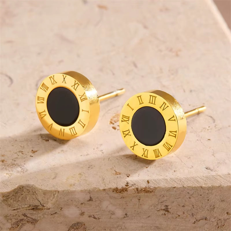 Stainless Steel Jewelry Set Snake Chain Necklace & Roman Numeral - Inscribed Earrings with Black Inlays