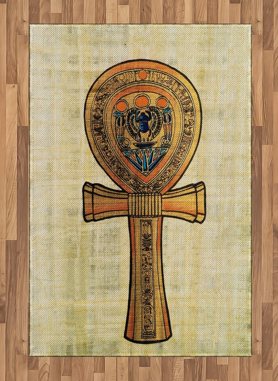 Egyptian Print Area Rug, Papyrus Presenting the Key of Life Traditional Empire Egyptian, Flat Woven Accent Rug for Living Room Bedroom Dining Room, 4' X 5' 7", Cream Orange