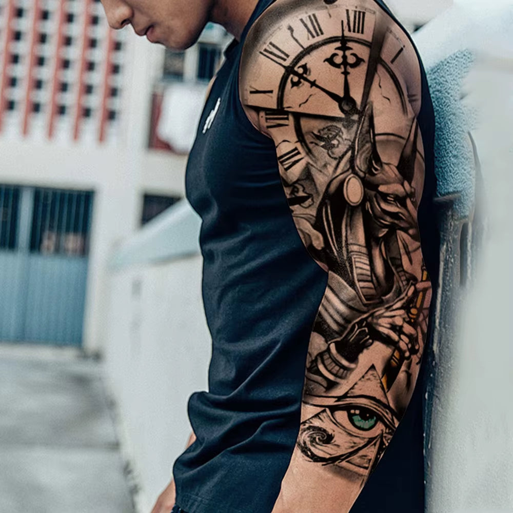 Large Full Arm Sleeve Waterproof Temporary Tattoo Sticker Anubis Ancient Egypt Greece Zeus Eye Fake Tatoo Body Art Men Women Leg