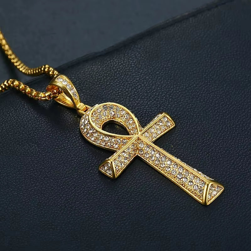 Men'S Egyptian Ankh Cross Pendant with Stainless Steel Chain and Iced Out Bling Full Rhinestones Necklace Hip Hop Egypt Jewelry