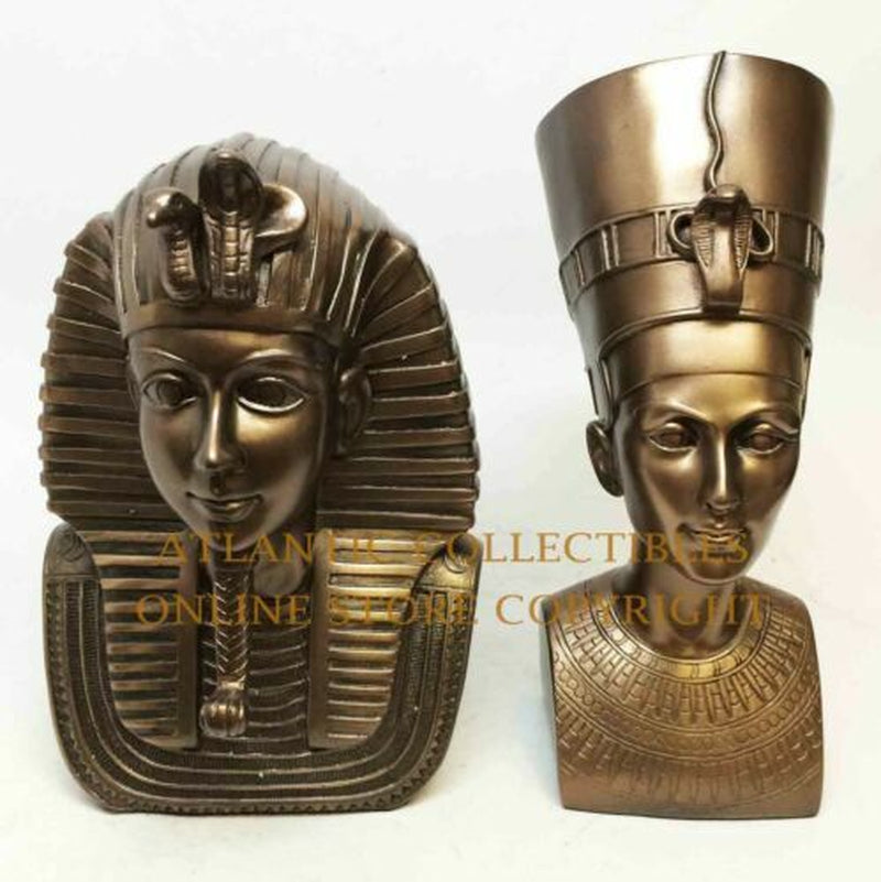 Egyptian King Tut and Queen Nefertiti Set Bust Egypt Decor Statue Bronze Color