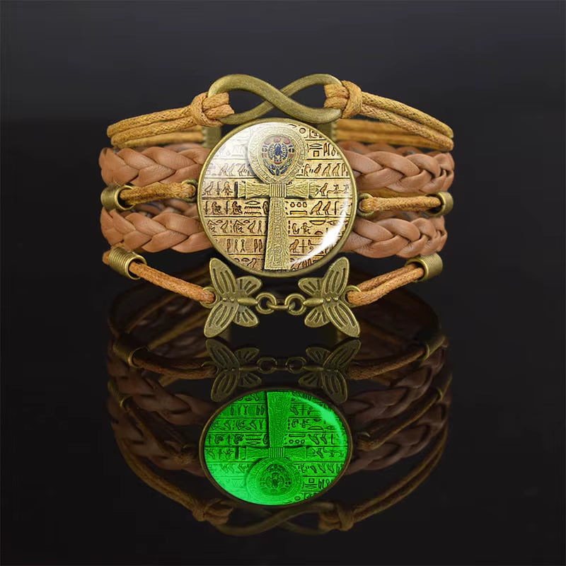 Ancient Egyptian Handmade Bracelet Ankh Luminous Glass Dome Rope Bracelets for Women Gift Egypt Cross Anubis Scarab Isis Goddess