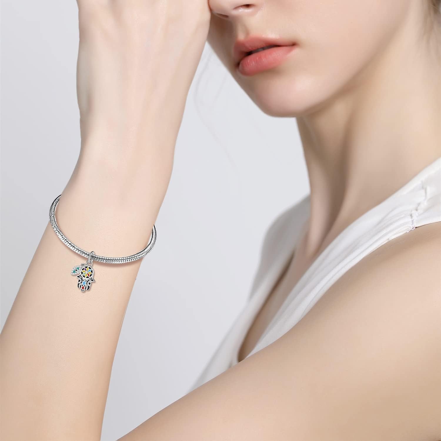 Evil Eye Charms 925 Sterling Silver Charms for Bracelet and Lucky Jewelry Hamsa Charm Fatima Charms Beads European Charm Evil Eye Compatible Bracelet Necklace for Women Mother Sister Gifts