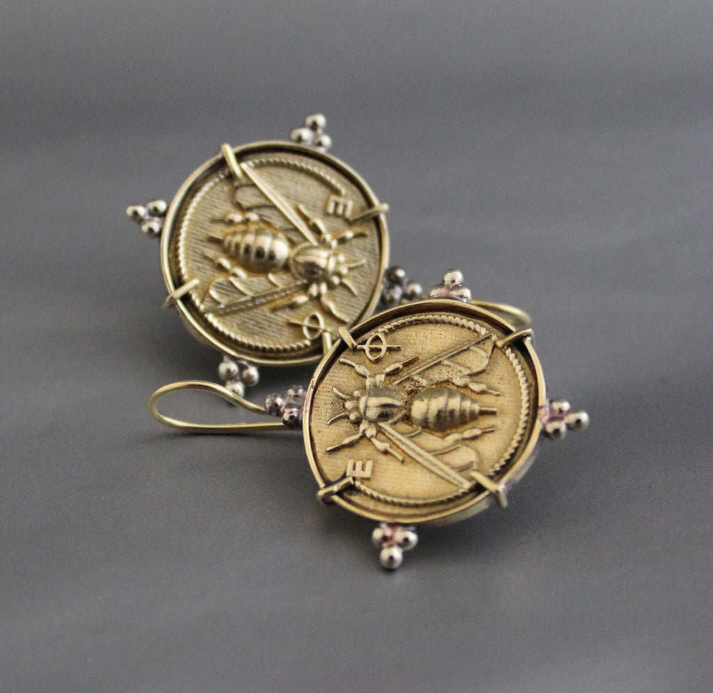 Honeybee Coin Earrings: Brass Ancient Roman Style Jewelry
